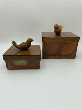 Brass & Copper Bird Trinket Boxes - Set of 2 Cute Decor Storage and Collection